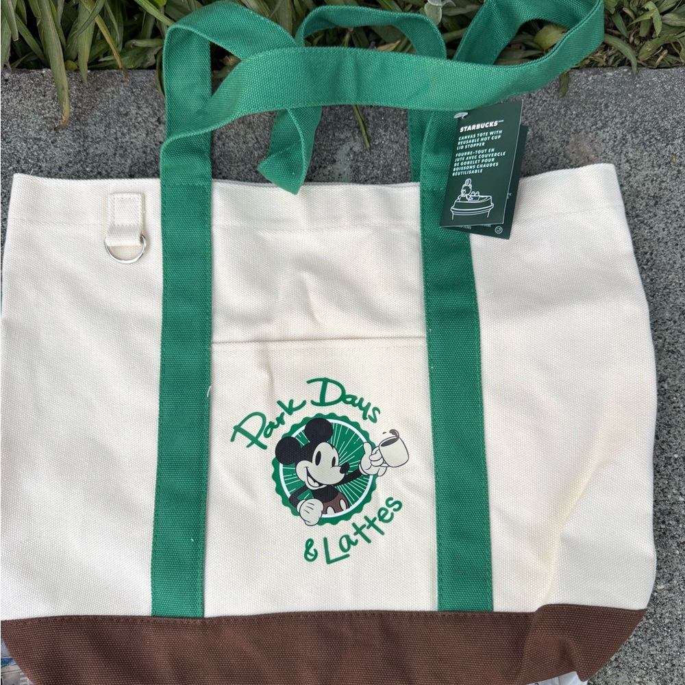 Starbucks Cream Canvas Tote with Green Straps and Brown Base